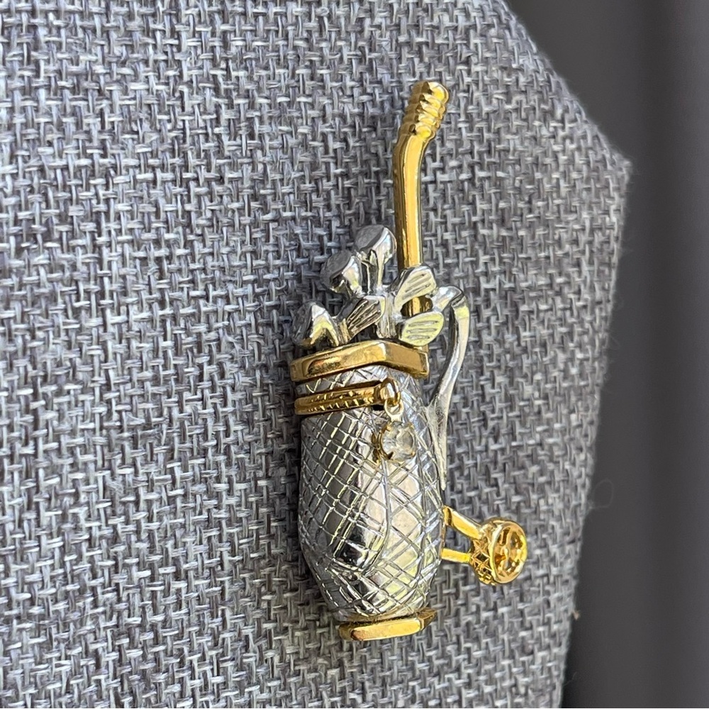 Vintage | Golf Bag Club Gold Silver Tone Unsigned Brooch Pin 2.25" Tall